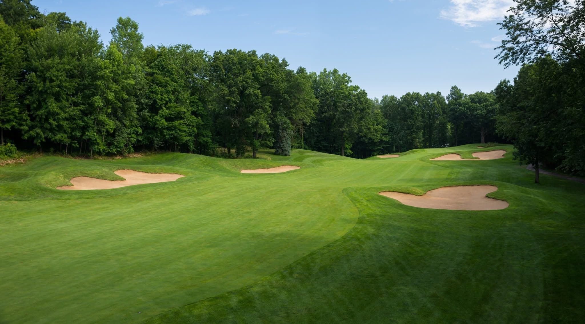 A tree-lined fairway with sand bunkers on a sunny summer morning